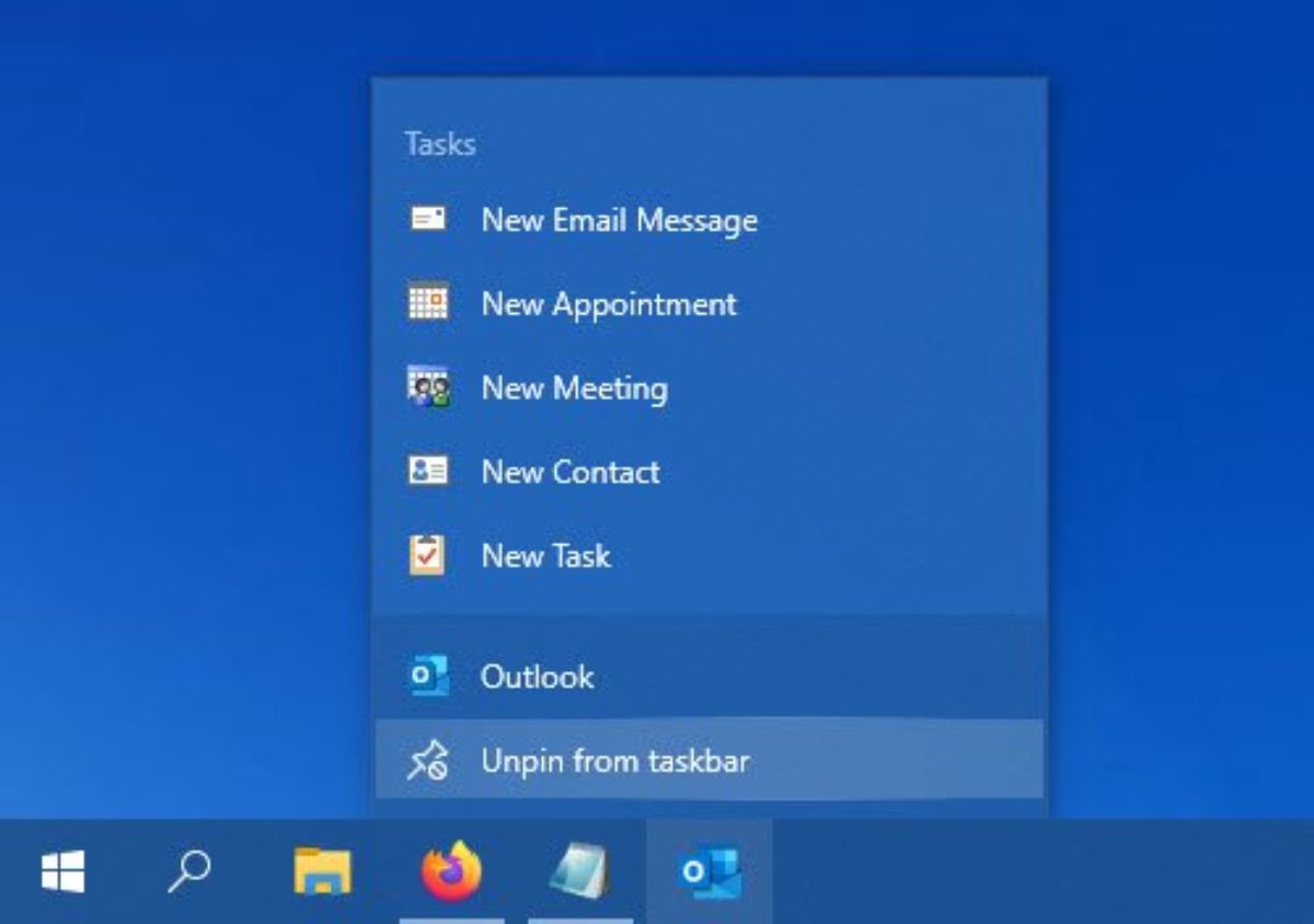 Outlook shortcut added to taskbar